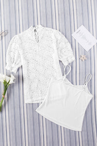 Lace Scalloped Short Puff Sleeve Top