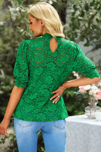 Lace Scalloped Short Puff Sleeve Top