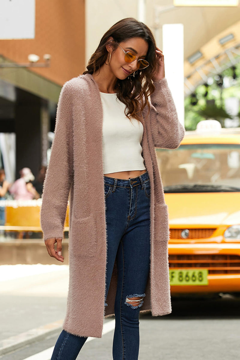 Open Front Long Sleeve Slit Hooded Cardigan