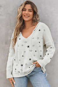 Woven Right Star V-Neck Roll Hem Drop Shoulder Sweater