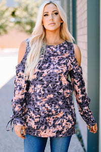 Printed Cold-Shoulder Lace-Up Top
