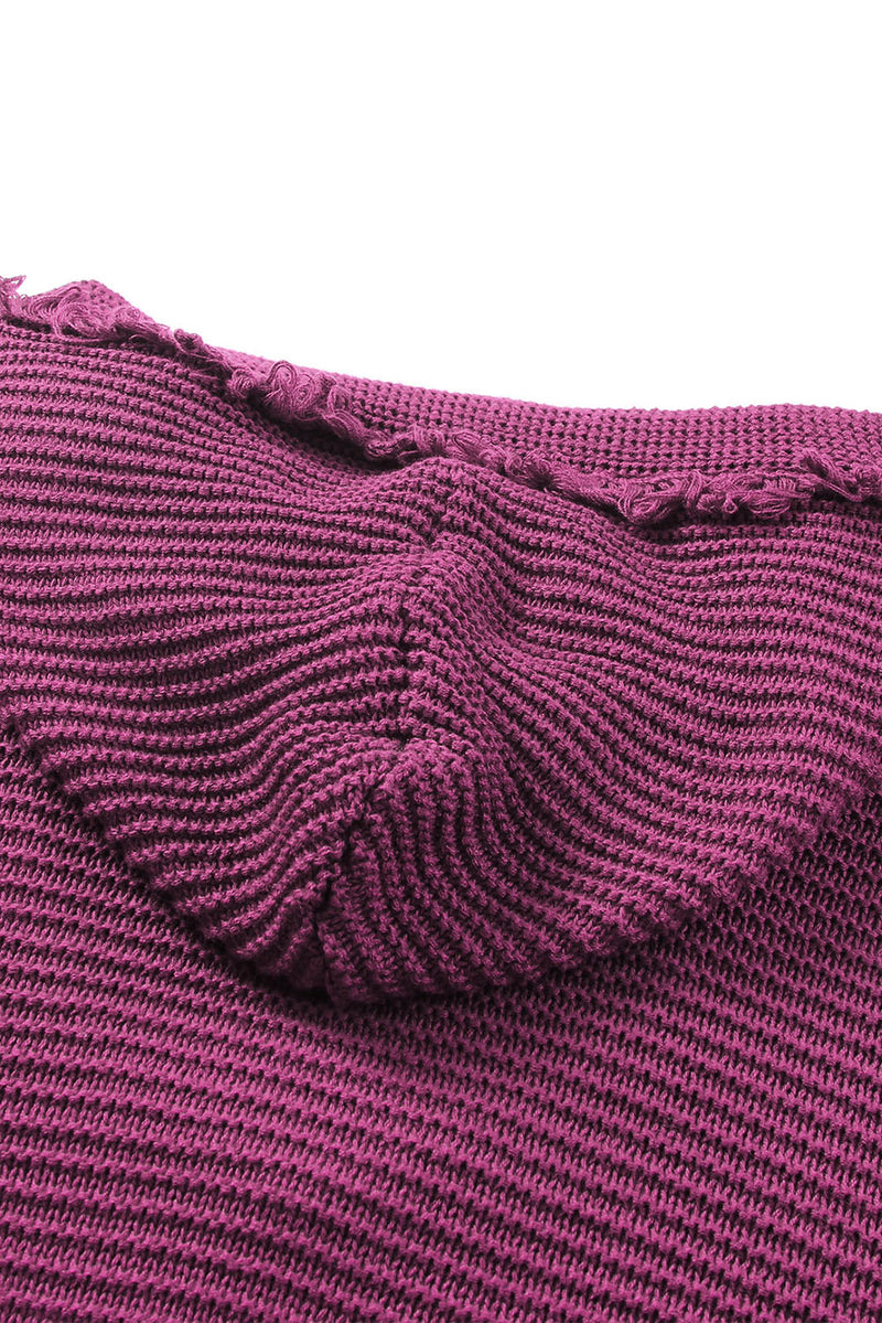 Horizontal Ribbing Fringe Trim Hooded Sweater